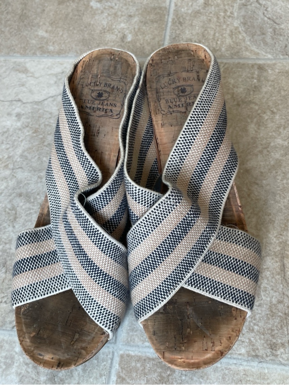 Lucky Brand Miller 2 Striped Cork Wedges Size 7 Boho Platform Sandals